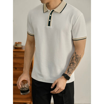 LUUD light luxury temperament contrast color lapel short-sleeved polo shirt men's knitted patchwork top breathable polo shirt