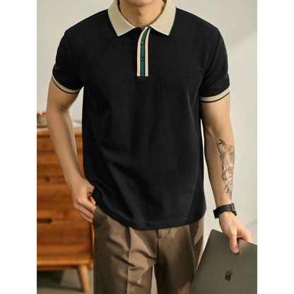 LUUD light luxury temperament contrast color lapel short-sleeved polo shirt men's knitted patchwork top breathable polo shirt
