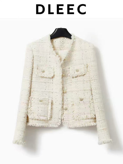 DLEEC Cream-Apricot Tweed-Style Jacket – Soft, Elegant Knit with Tassels, Sequins, and Metallic Thread
