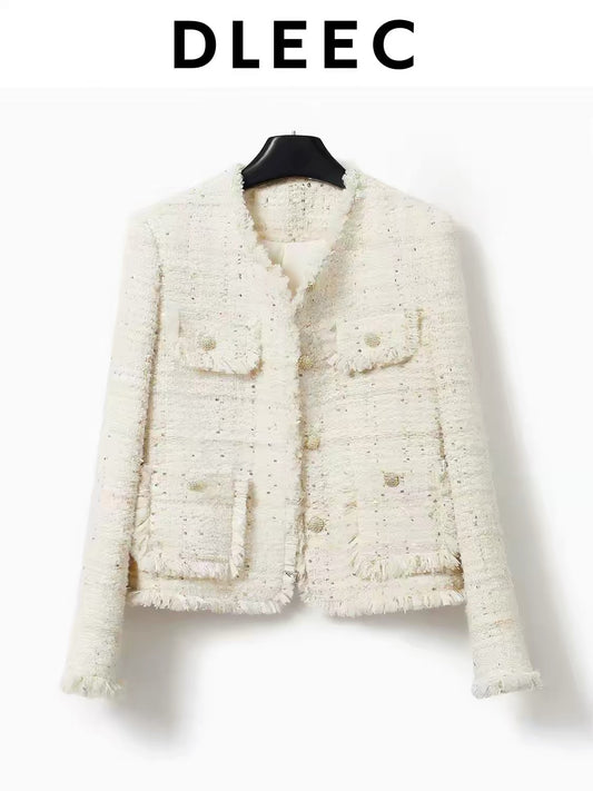 DLEEC Cream-Apricot Tweed-Style Jacket – Soft, Elegant Knit with Tassels, Sequins, and Metallic Thread