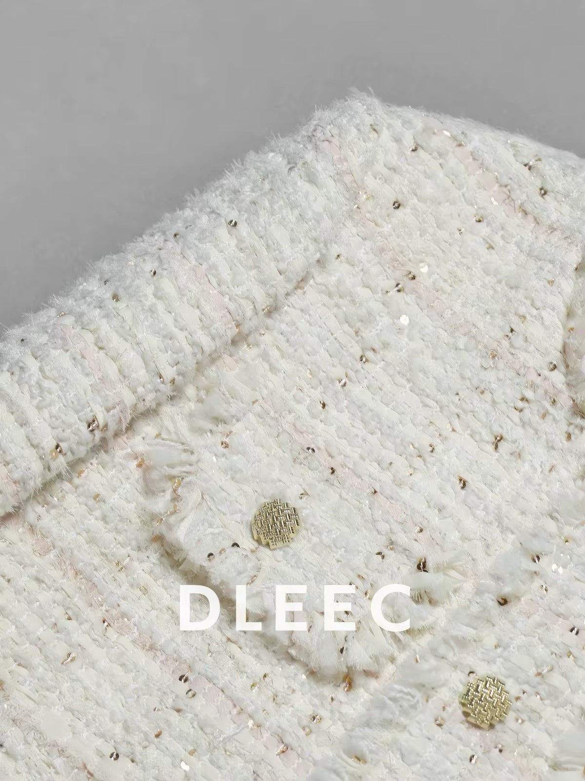 DLEEC Cream-Apricot Tweed-Style Jacket – Soft, Elegant Knit with Tassels, Sequins, and Metallic Thread