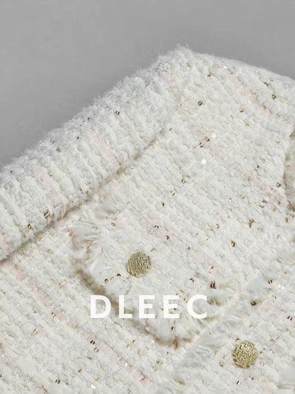 DLEEC Cream-Apricot Tweed-Style Jacket – Soft, Elegant Knit with Tassels, Sequins, and Metallic Thread