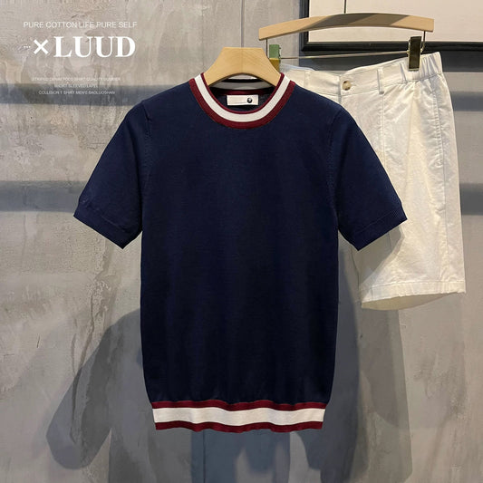 LUUD mercerized cotton slim contrast color Korean style short-sleeved sweater men's summer breathable new retro round neck top