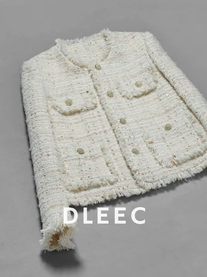 DLEEC Cream-Apricot Tweed-Style Jacket – Soft, Elegant Knit with Tassels, Sequins, and Metallic Thread