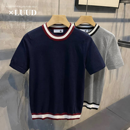 LUUD mercerized cotton slim contrast color Korean style short-sleeved sweater men's summer breathable new retro round neck top