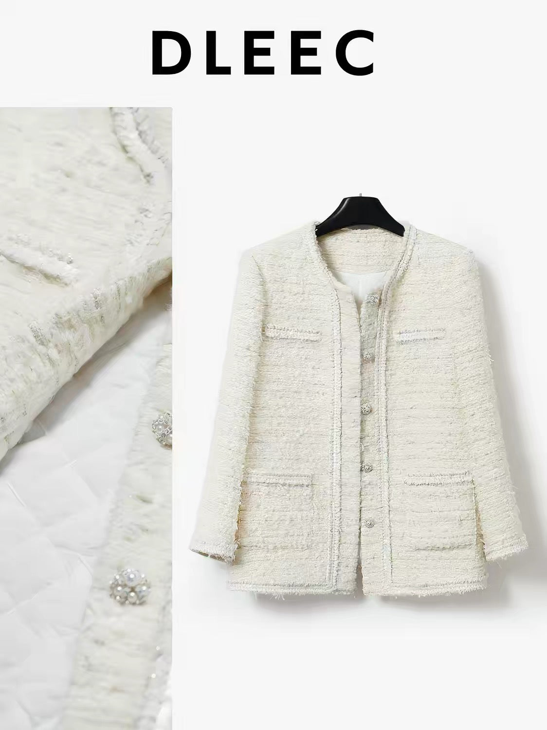 DLEEC Autumn/Winter Premium Padded Tweed Jacket – Slim-Fit "-Style" Design with Textured Fabric and Silver-Thread Sequin Trim.