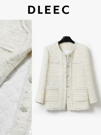 DLEEC Autumn/Winter Premium Padded Tweed Jacket – Slim-Fit "-Style" Design with Textured Fabric and Silver-Thread Sequin Trim.