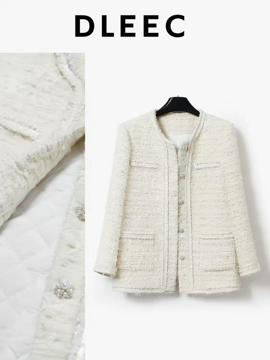 DLEEC Autumn/Winter Premium Padded Tweed Jacket – Slim-Fit "-Style" Design with Textured Fabric and Silver-Thread Sequin Trim.