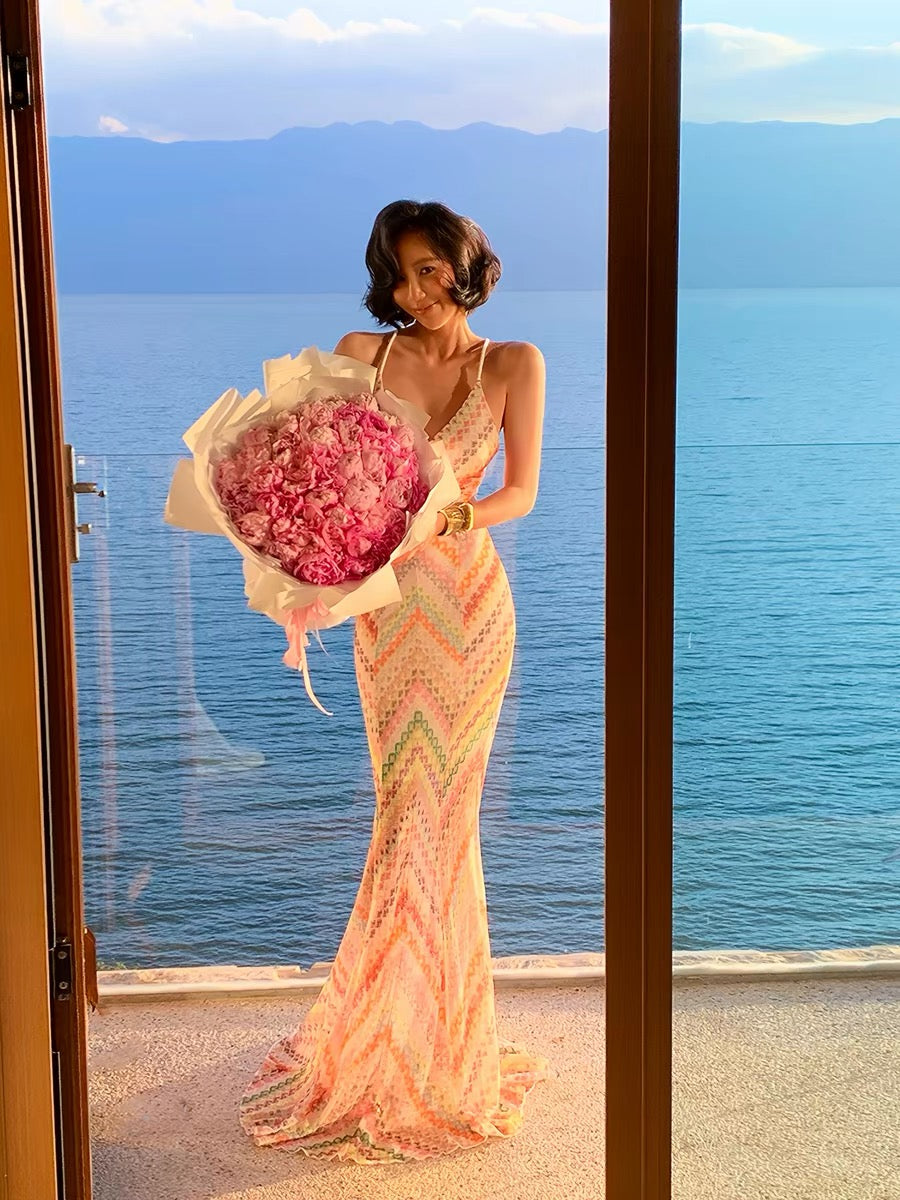 Island Shop New Arrivals at 00:00 PM on May 6th: Rainbow Color Block Striped Woven Fishtail Dress - 95% Off