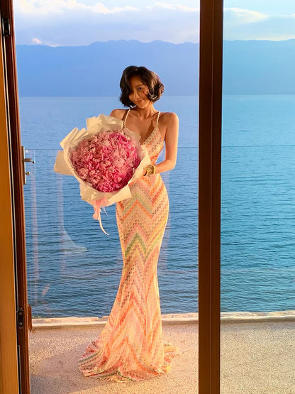 Island Shop New Arrivals at 00:00 PM on May 6th: Rainbow Color Block Striped Woven Fishtail Dress - 95% Off