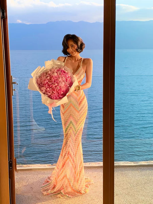 Island Shop New Arrivals at 00:00 PM on May 6th: Rainbow Color Block Striped Woven Fishtail Dress - 95% Off