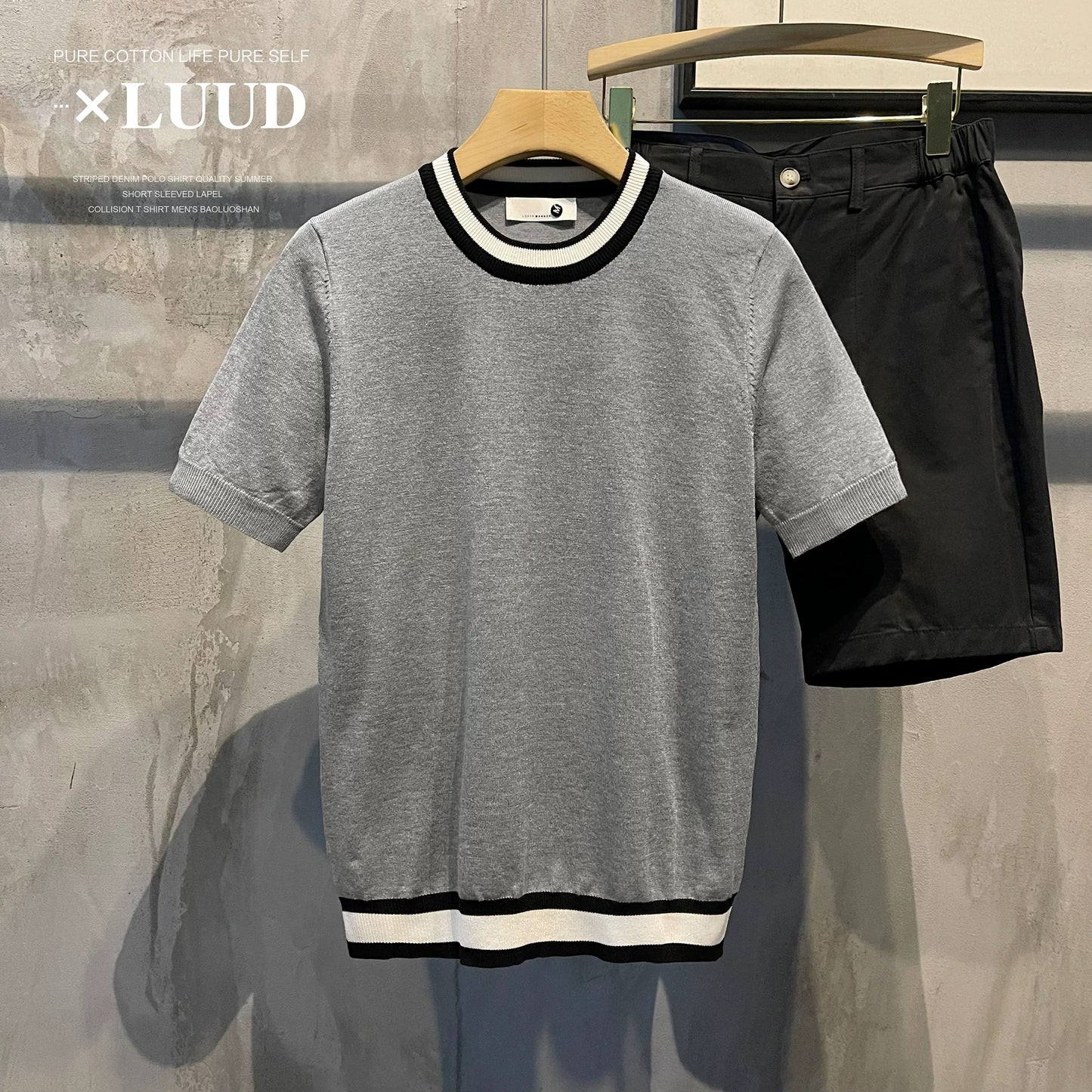 LUUD mercerized cotton slim contrast color Korean style short-sleeved sweater men's summer breathable new retro round neck top
