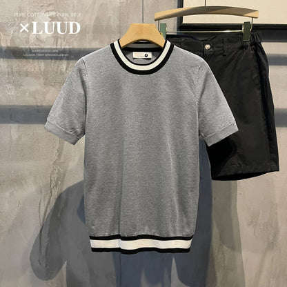 LUUD mercerized cotton slim contrast color Korean style short-sleeved sweater men's summer breathable new retro round neck top