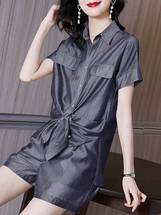 Cool salt style street style polo collar work clothes for little people in summer, chiffon short-sleeved shirts and shorts two-piece suit for women