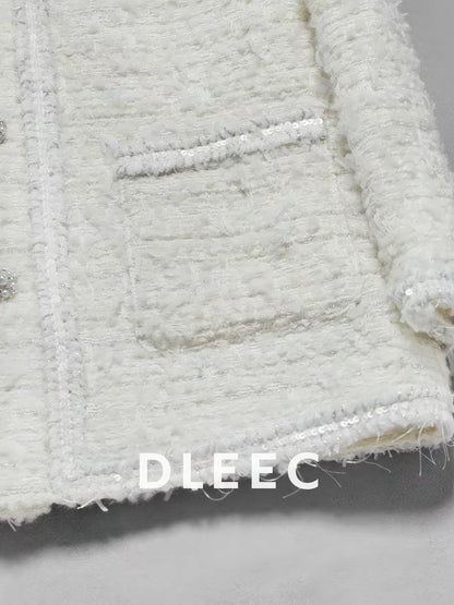 DLEEC Autumn/Winter Premium Padded Tweed Jacket – Slim-Fit "-Style" Design with Textured Fabric and Silver-Thread Sequin Trim.