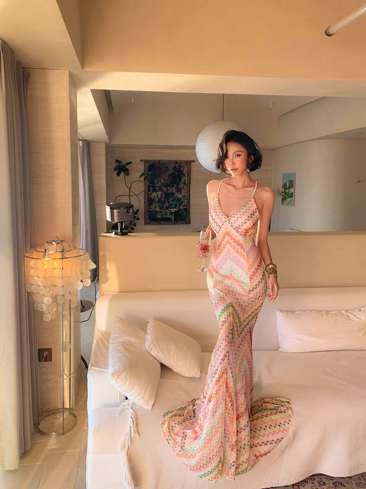Island Shop New Arrivals at 00:00 PM on May 6th: Rainbow Color Block Striped Woven Fishtail Dress - 95% Off