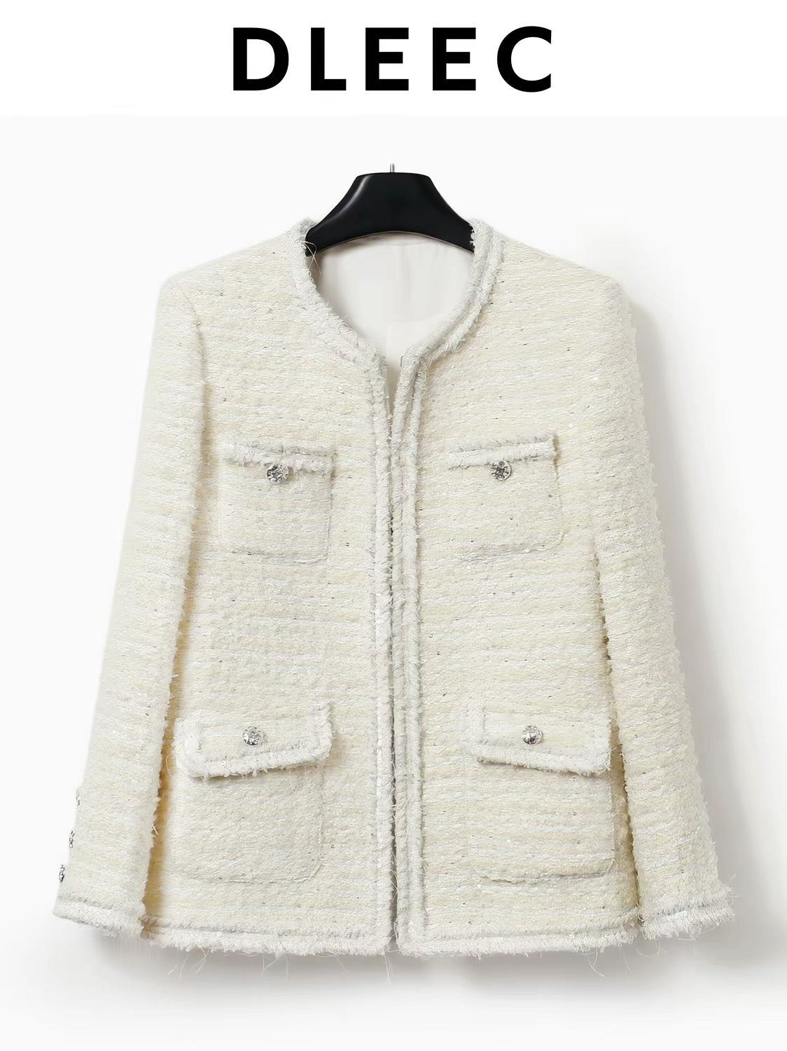 DLEEC High-End Luxury Wool-Blend Tweed Jacket – "-Style" Design featuring Sequined Weave, Angled Flap Pockets, and Mid-Length Silhouette.