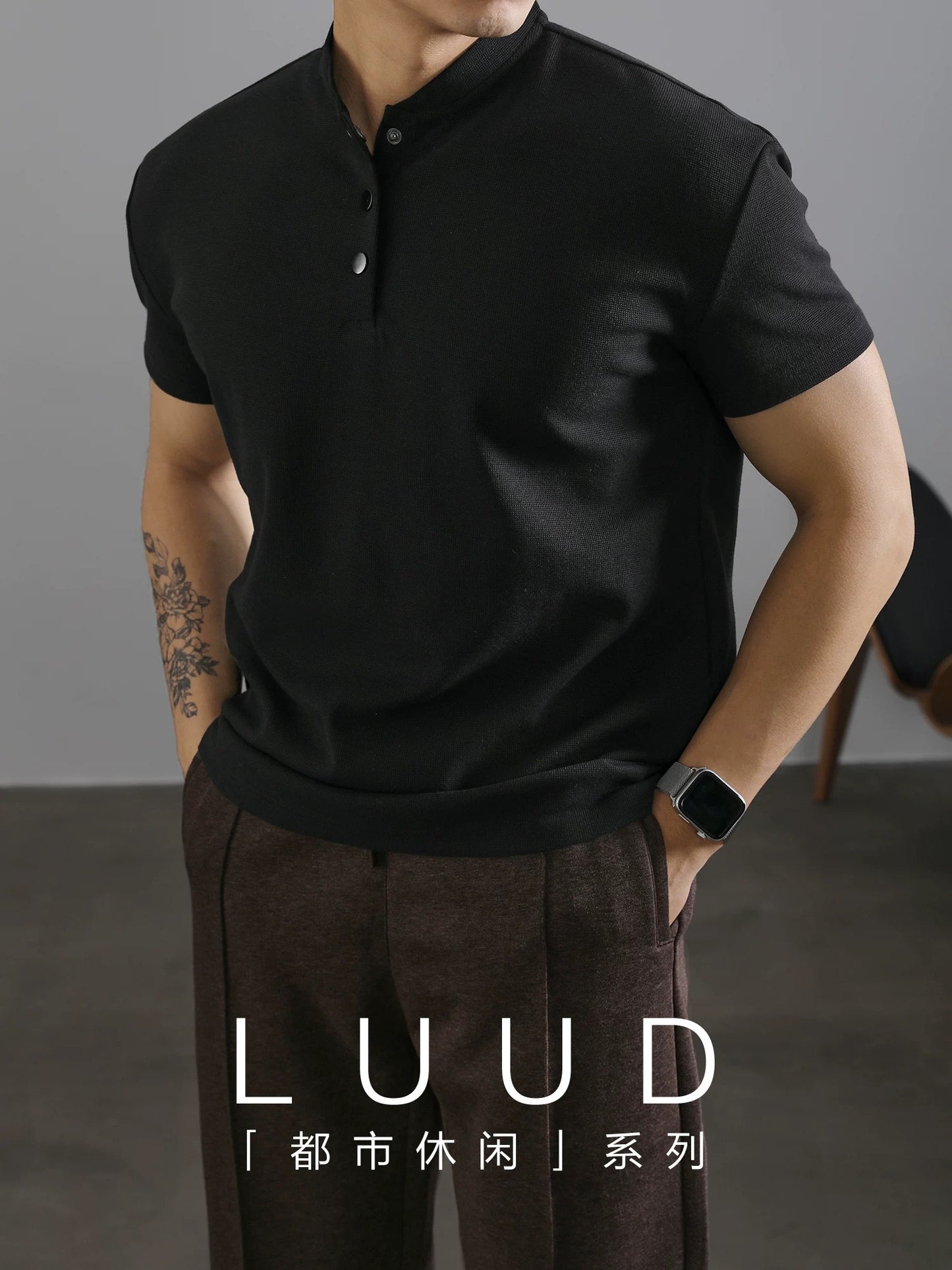 LUUD urban black high-end Henry collar short-sleeved T-shirt men's summer grain texture lyocell top