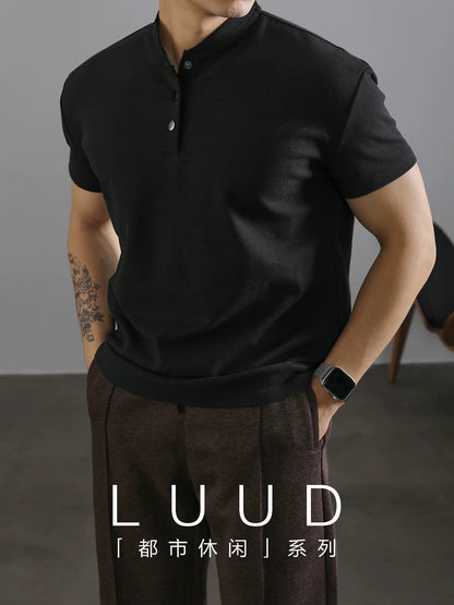 LUUD urban black high-end Henry collar short-sleeved T-shirt men's summer grain texture lyocell top