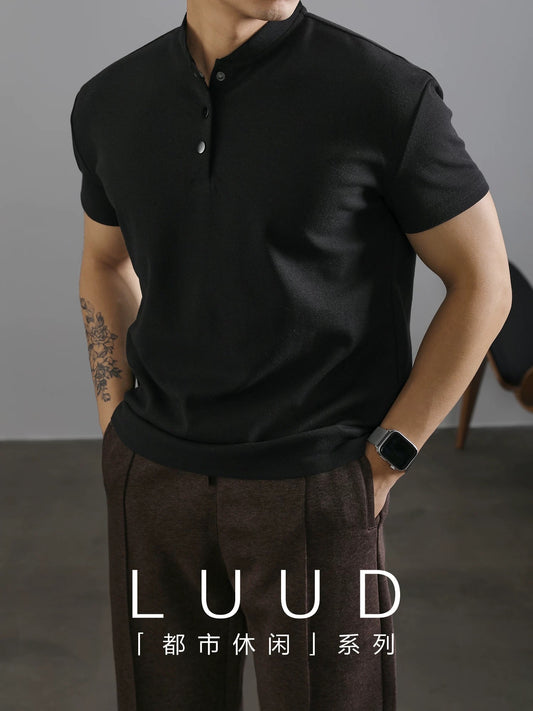 LUUD urban black high-end Henry collar short-sleeved T-shirt men's summer grain texture lyocell top