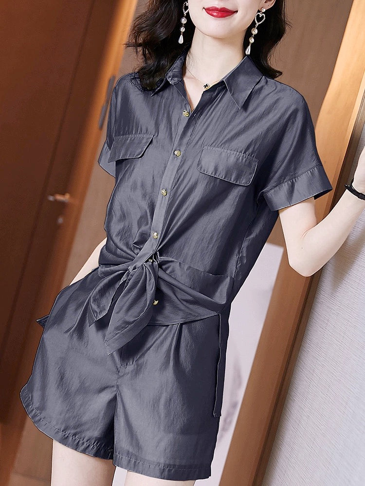 Cool salt style street style polo collar work clothes for little people in summer, chiffon short-sleeved shirts and shorts two-piece suit for women