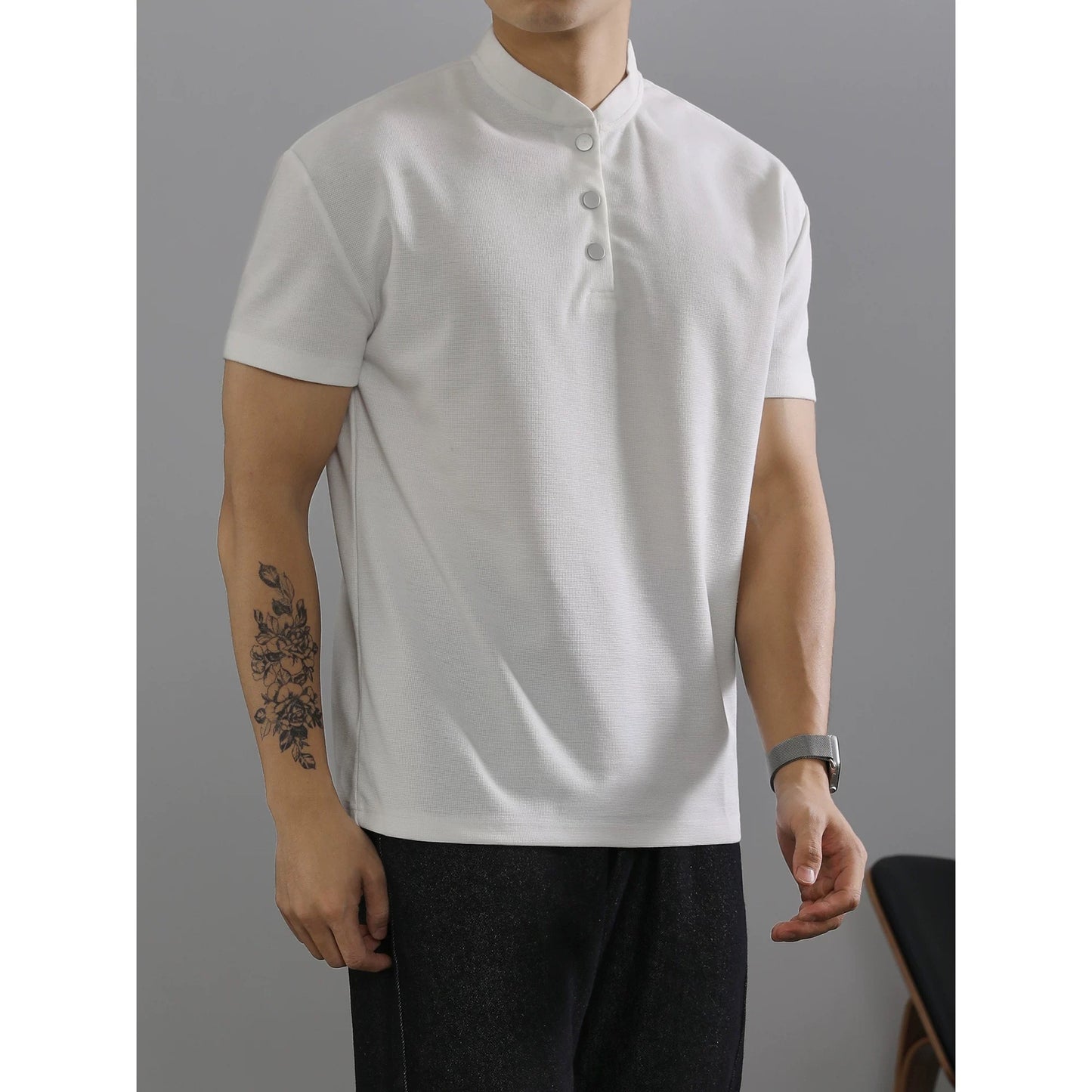 LUUD urban black high-end Henry collar short-sleeved T-shirt men's summer grain texture lyocell top