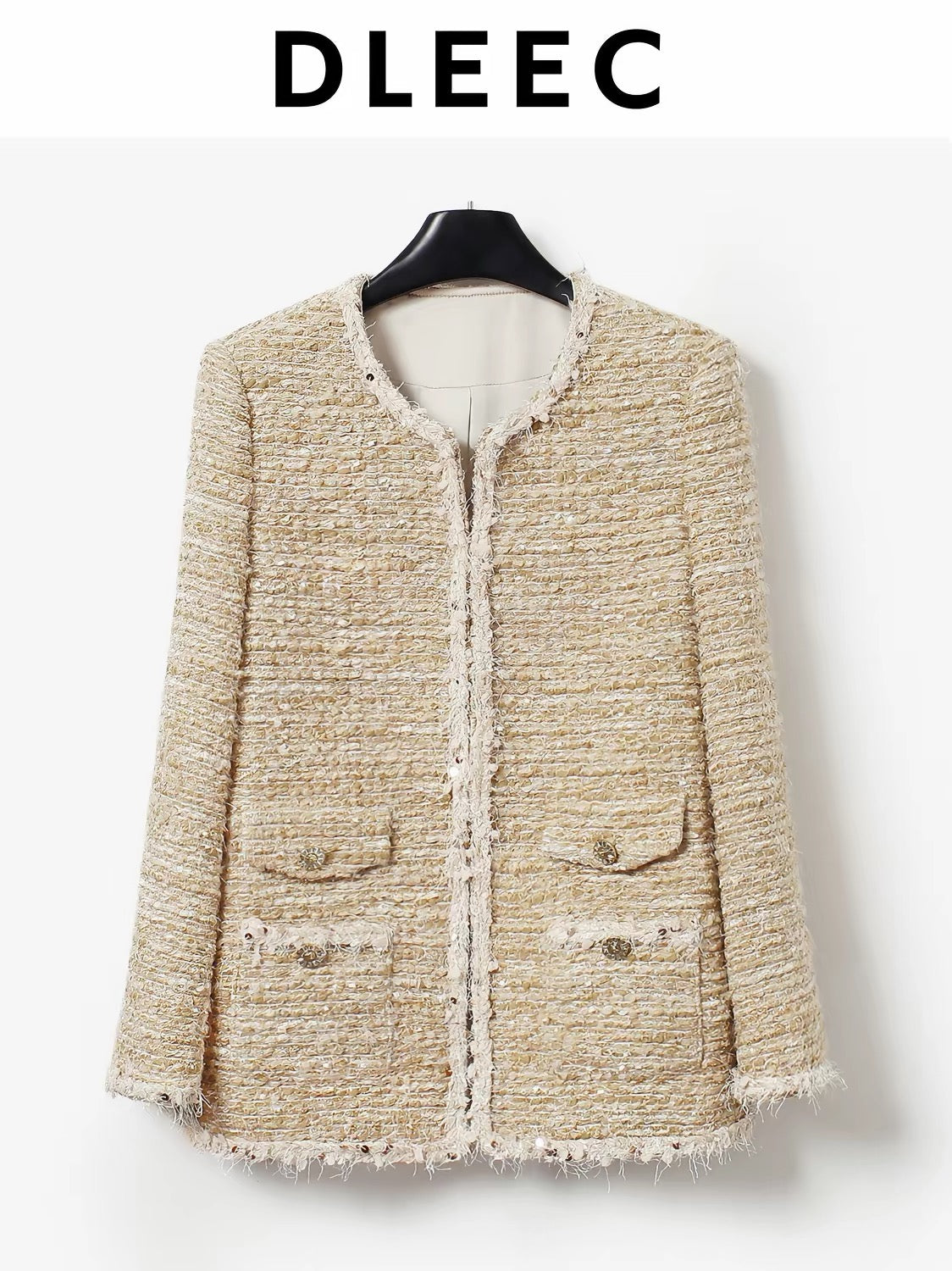 DLEEC Mid-length "-style" jacket featuring a premium, understated-luxury design with metallic thread, sequins, and sheer detailing—an elegant, figure-flattering top.