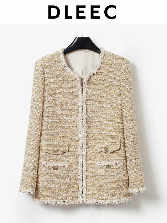 DLEEC Mid-length "-style" jacket featuring a premium, understated-luxury design with metallic thread, sequins, and sheer detailing—an elegant, figure-flattering top.