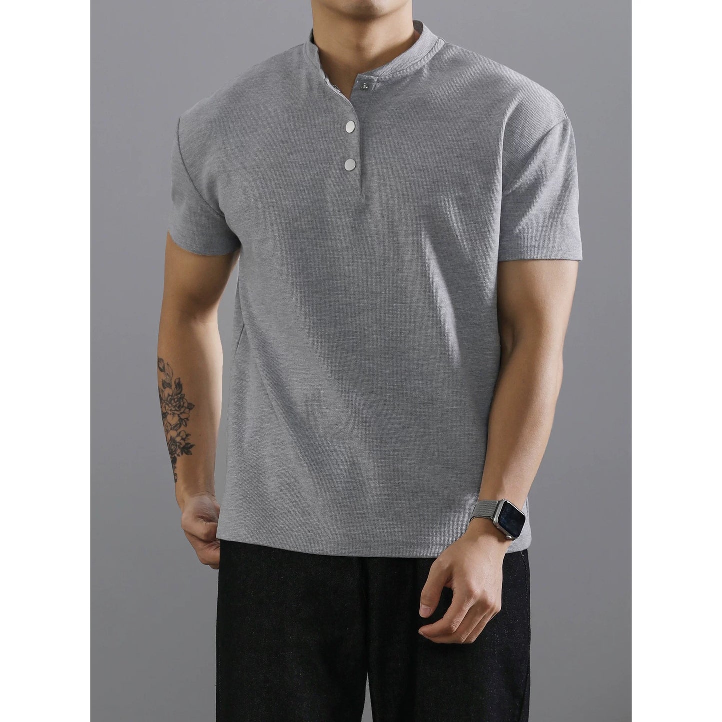 LUUD urban black high-end Henry collar short-sleeved T-shirt men's summer grain texture lyocell top