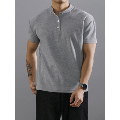 LUUD urban black high-end Henry collar short-sleeved T-shirt men's summer grain texture lyocell top