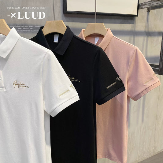 LUUD handsome art signature embroidery men's polo Paul top fashion simple short-sleeved slim short-sleeved shirt trend