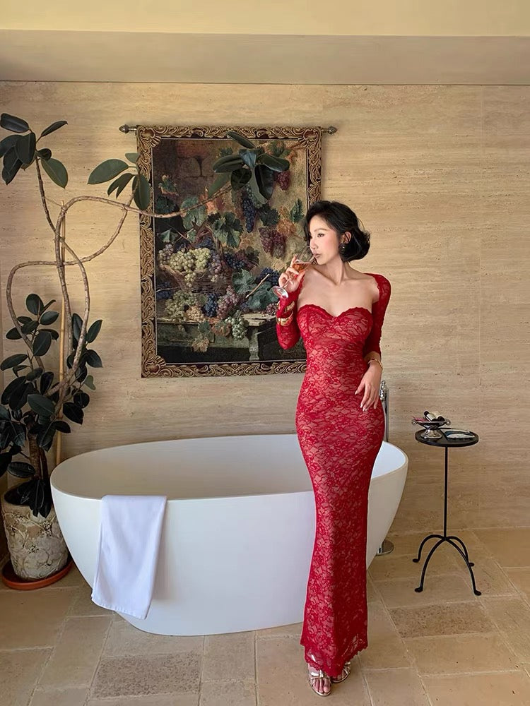 Island Shop New Arrivals at 00:00 PM on May 6th: 5% Off - Red Lace Slim Fit Strapless Top and Cardigan Two-Piece Set