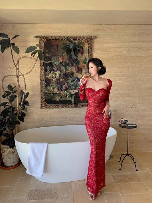 Island Shop New Arrivals at 00:00 PM on May 6th: 5% Off - Red Lace Slim Fit Strapless Top and Cardigan Two-Piece Set
