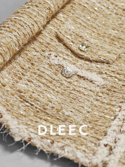 DLEEC Mid-length "-style" jacket featuring a premium, understated-luxury design with metallic thread, sequins, and sheer detailing—an elegant, figure-flattering top.