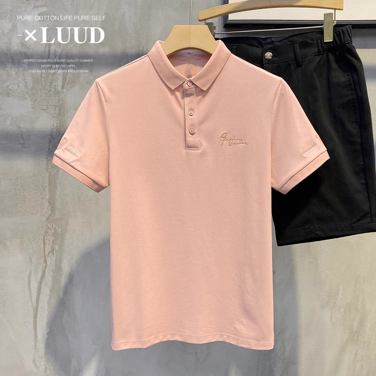 LUUD handsome art signature embroidery men's polo Paul top fashion simple short-sleeved slim short-sleeved shirt trend