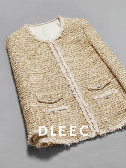 DLEEC Mid-length "-style" jacket featuring a premium, understated-luxury design with metallic thread, sequins, and sheer detailing—an elegant, figure-flattering top.