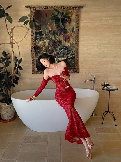 Island Shop New Arrivals at 00:00 PM on May 6th: 5% Off - Red Lace Slim Fit Strapless Top and Cardigan Two-Piece Set