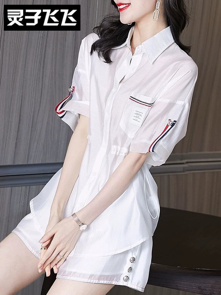 Summer clothing 2021 new plus size women's clothing fat sister slimming street fashion casual shirt shorts two-piece suit