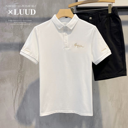 LUUD handsome art signature embroidery men's polo Paul top fashion simple short-sleeved slim short-sleeved shirt trend