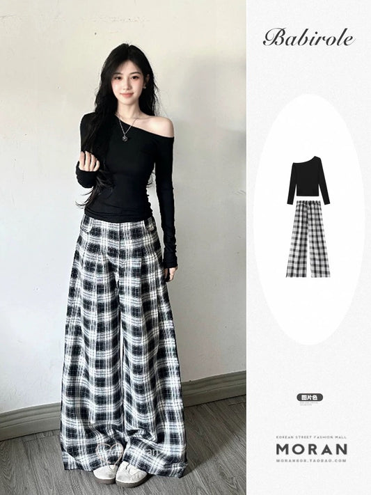 Women's Casual Black Off-Shoulder T-Shirt Set, Autumn Style, Plaid, Relaxed, Lazy, Loose Straight Leg Floor-Length Pants, Two-Piece Set