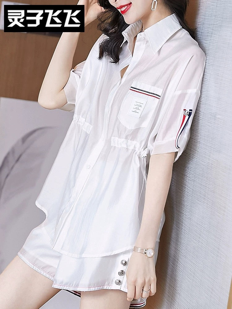 Summer clothing 2021 new plus size women's clothing fat sister slimming street fashion casual shirt shorts two-piece suit