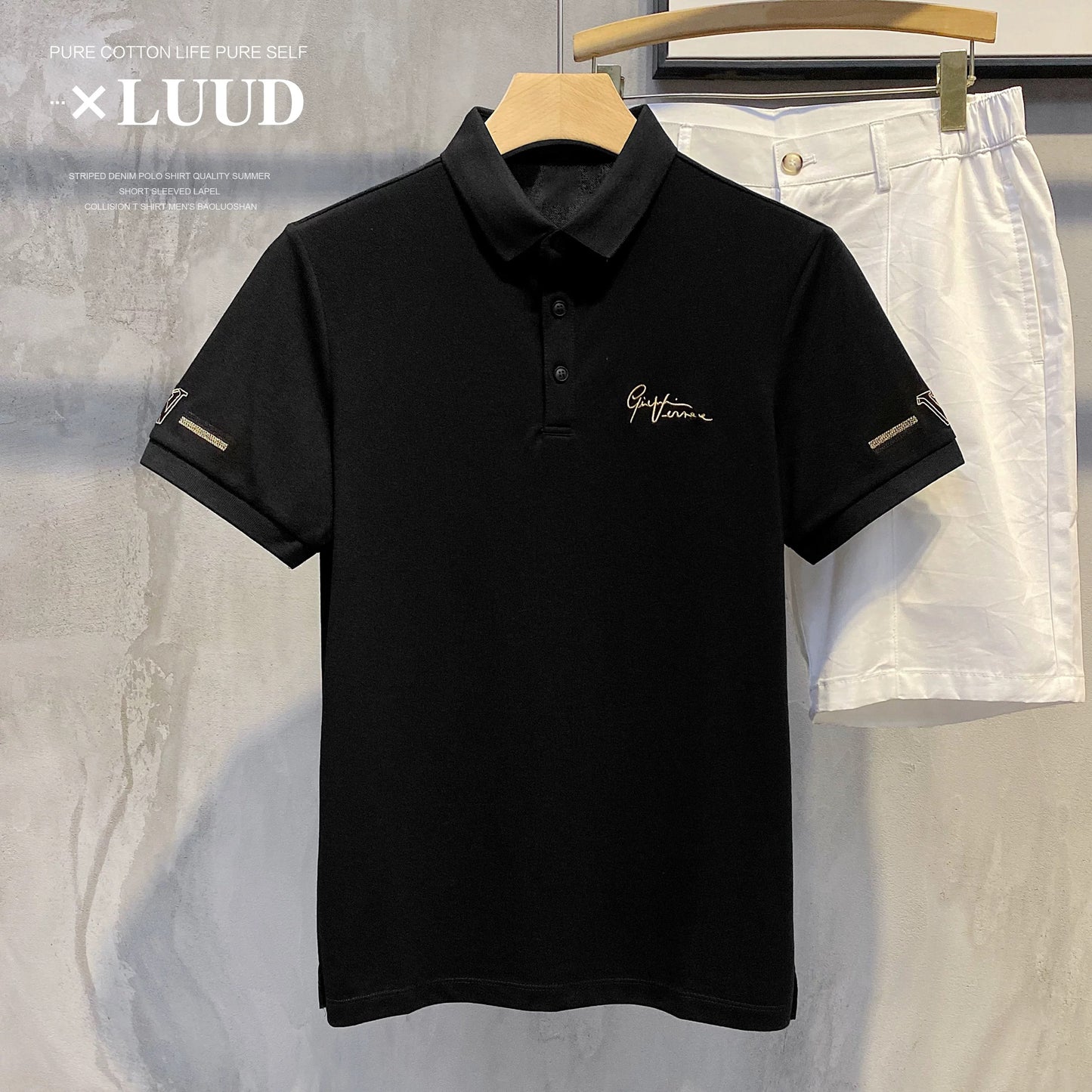 LUUD handsome art signature embroidery men's polo Paul top fashion simple short-sleeved slim short-sleeved shirt trend