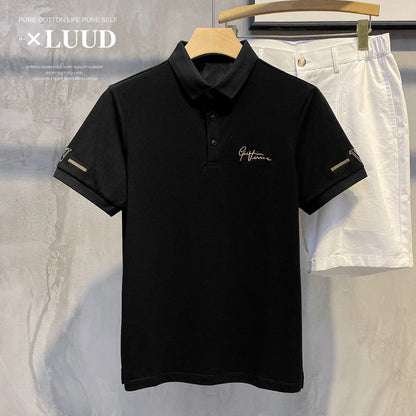 LUUD handsome art signature embroidery men's polo Paul top fashion simple short-sleeved slim short-sleeved shirt trend