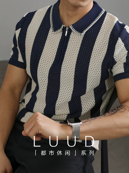 LUUD half-zip lapel polo shirt short-sleeved men's retro hollow knit sweater high-end trendy polo shirt