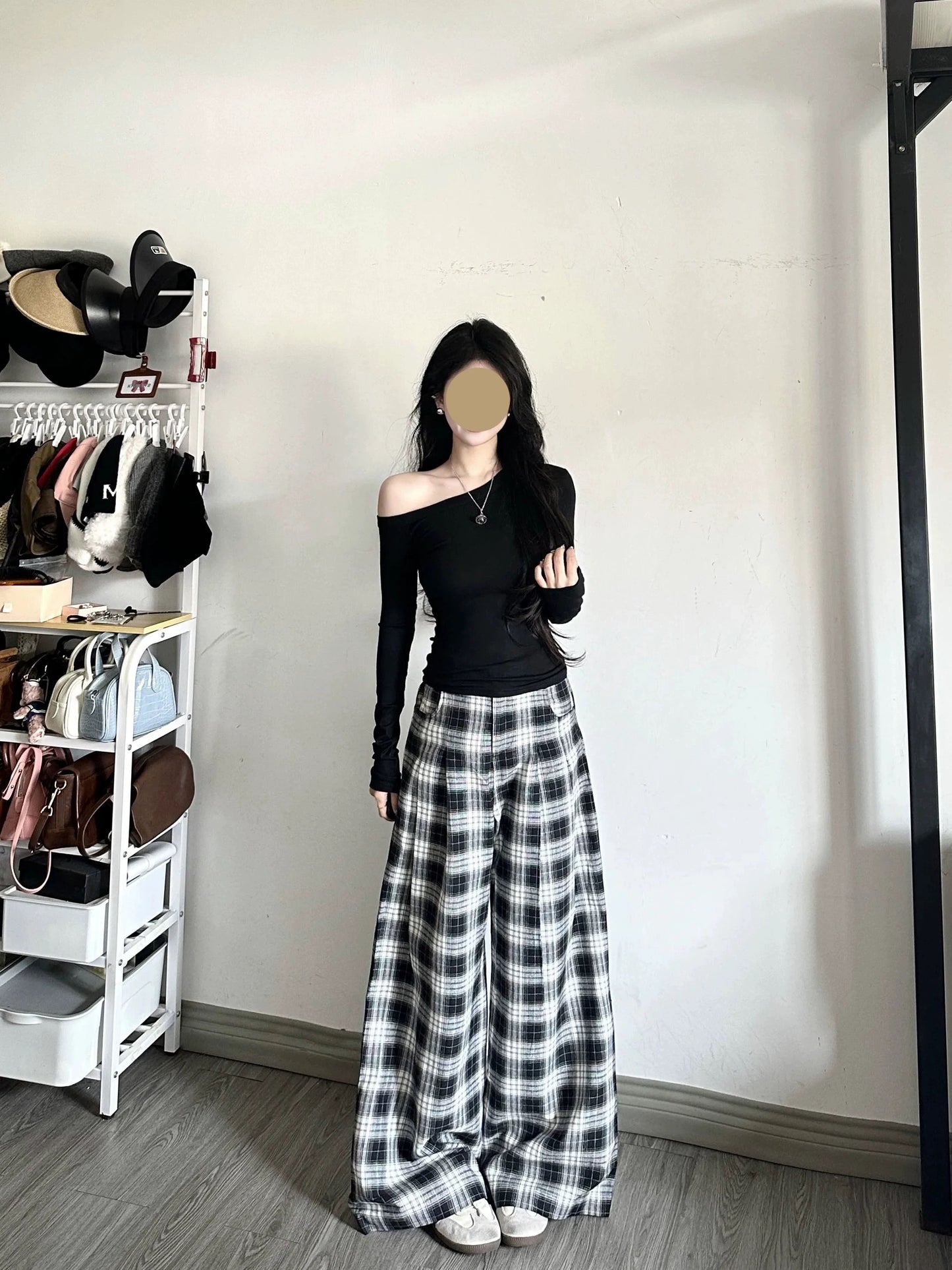 Women's Casual Black Off-Shoulder T-Shirt Set, Autumn Style, Plaid, Relaxed, Lazy, Loose Straight Leg Floor-Length Pants, Two-Piece Set