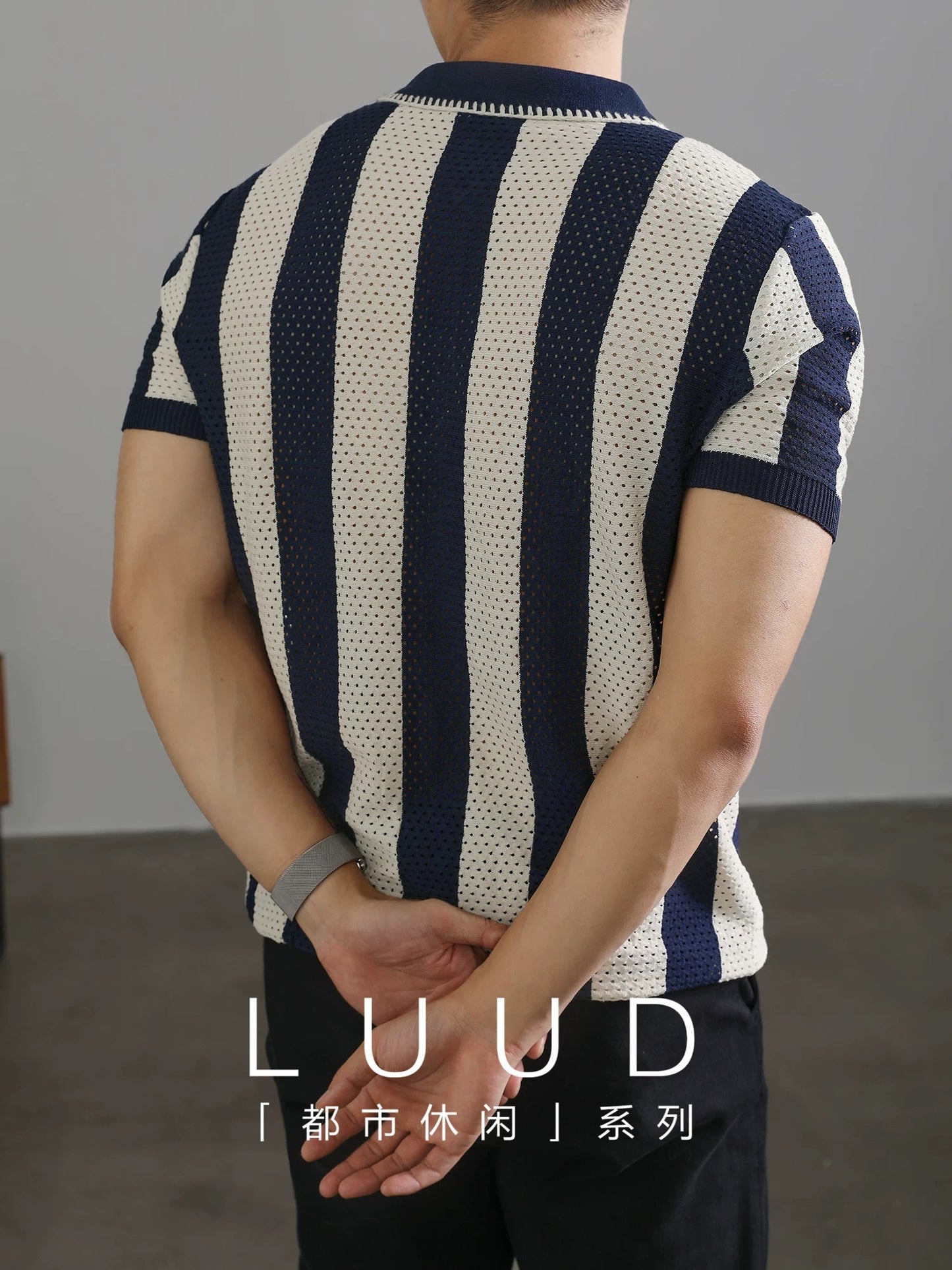 LUUD half-zip lapel polo shirt short-sleeved men's retro hollow knit sweater high-end trendy polo shirt