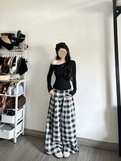 Women's Casual Black Off-Shoulder T-Shirt Set, Autumn Style, Plaid, Relaxed, Lazy, Loose Straight Leg Floor-Length Pants, Two-Piece Set