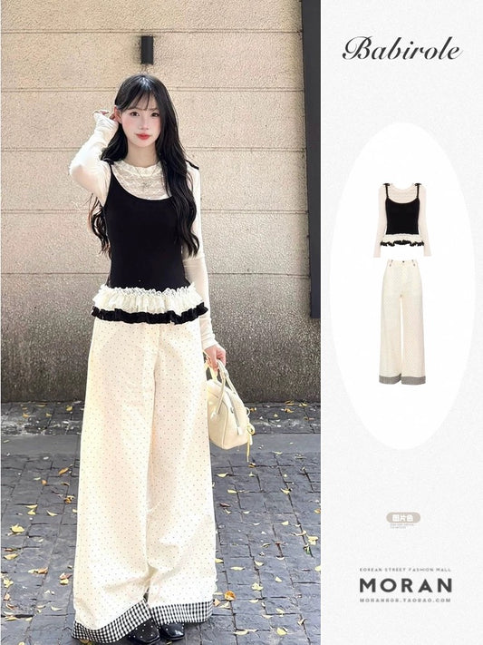 Korean style lace faux two-piece camisole top and wide-leg pants set for women, a sophisticated and youthful summer fashion set for early autumn.