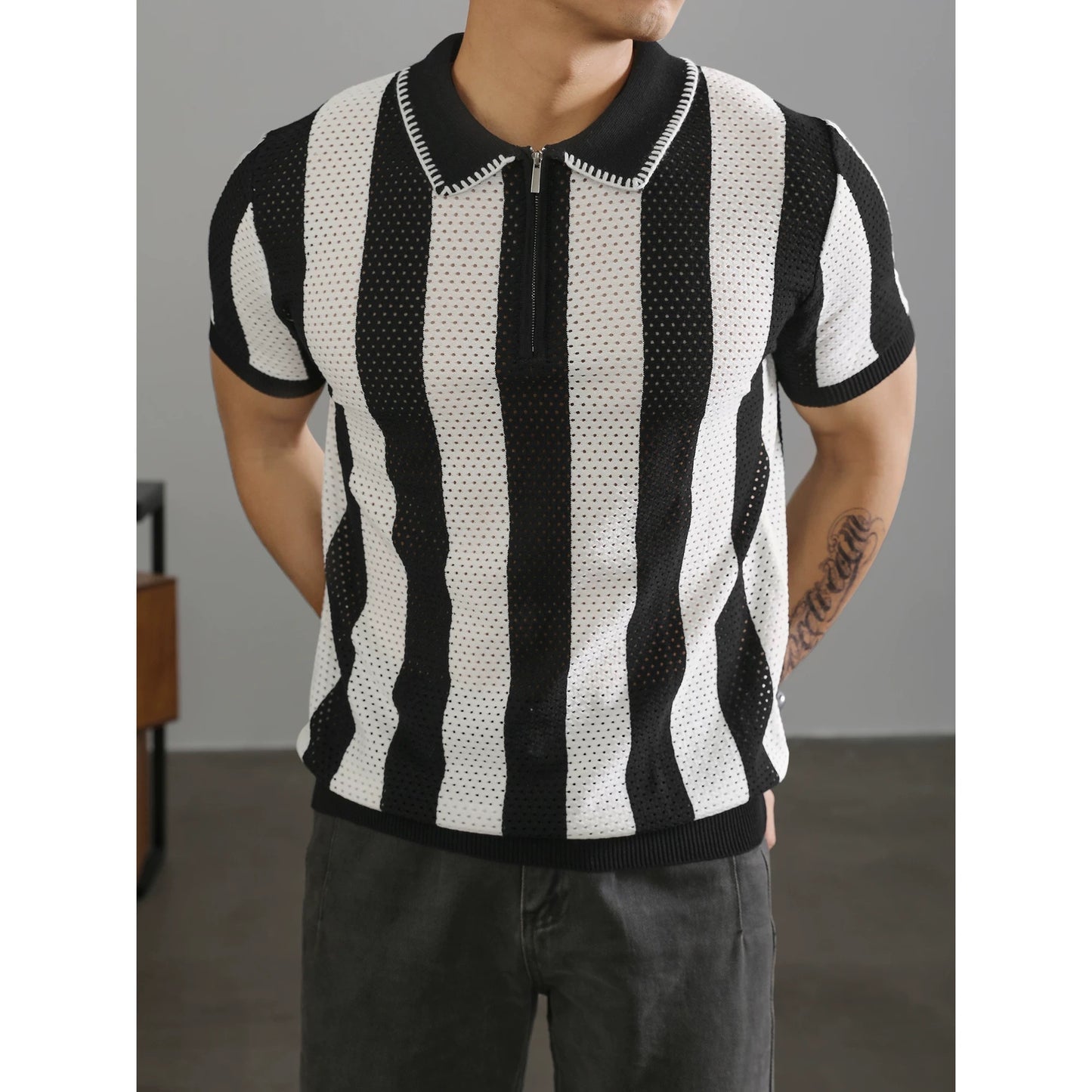 LUUD half-zip lapel polo shirt short-sleeved men's retro hollow knit sweater high-end trendy polo shirt