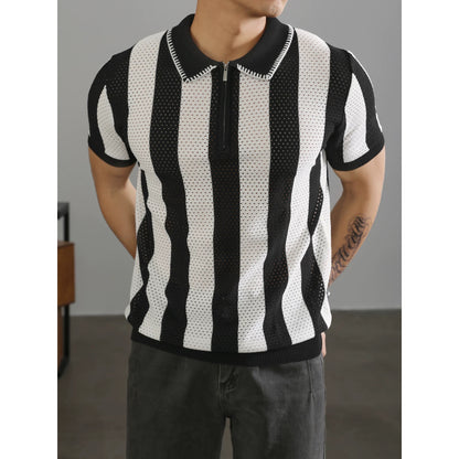 LUUD half-zip lapel polo shirt short-sleeved men's retro hollow knit sweater high-end trendy polo shirt
